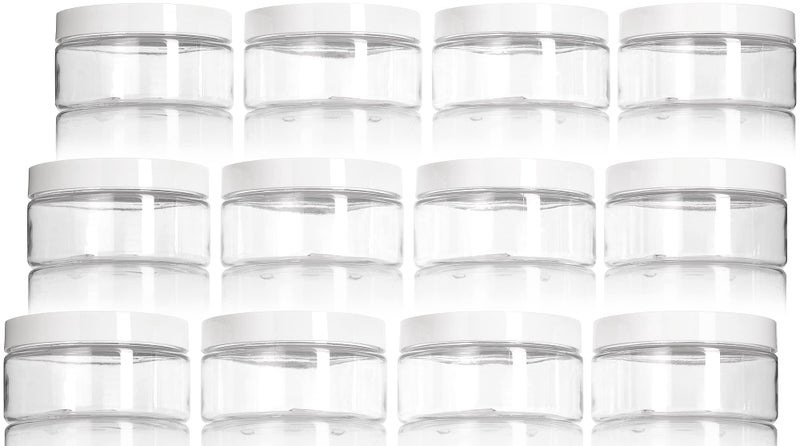 JUVITUS 8 oz Clear PET Plastic Low Profile Jar with White Smooth Lids 12 Pack BPA Free Large Refillable Empty Storage Containers
